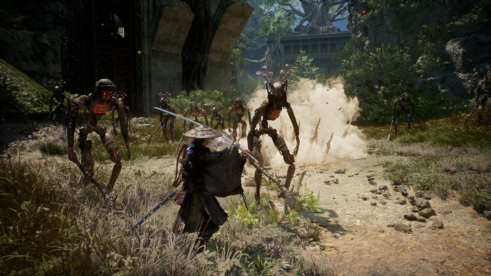 Emma fighting corrupted golems with her sword in Beast of Reincarnation combat